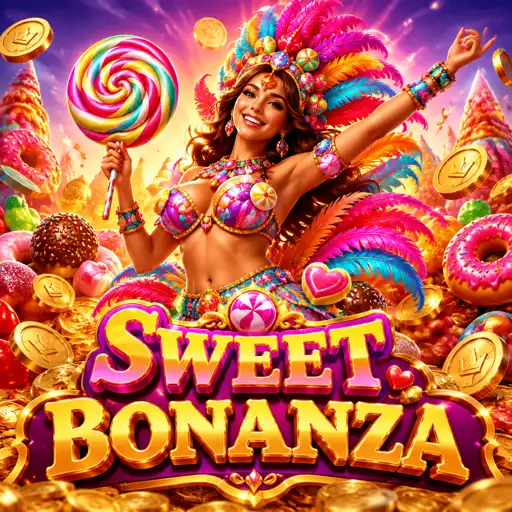 Capa do Sweet Bonanza com doces e frutas coloridas